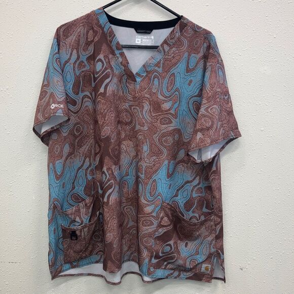 Carhartt force women’s Abstract Blue and Brown scrub top 3X #716 - Picture 1 of 10